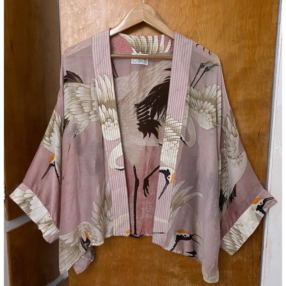 One Hundred Stars Storks Plaster Pink Open Front Kimono Cranes Asian Boho OS